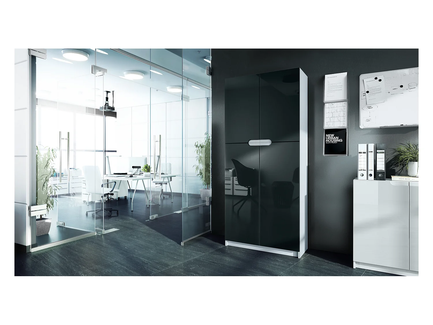 Meuble rangement bureau Logan V1, Armoire de bureau haute avec 5 compartiments et 4 portes, blanc mat/noir haute brillance (82 x 185 x 37 cm)