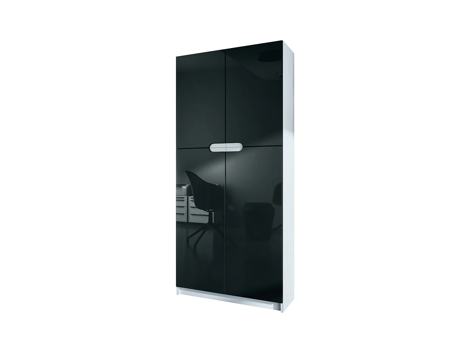 Meuble rangement bureau Logan V1, Armoire de bureau haute avec 5 compartiments et 4 portes, blanc mat/noir haute brillance (82 x 185 x 37 cm)