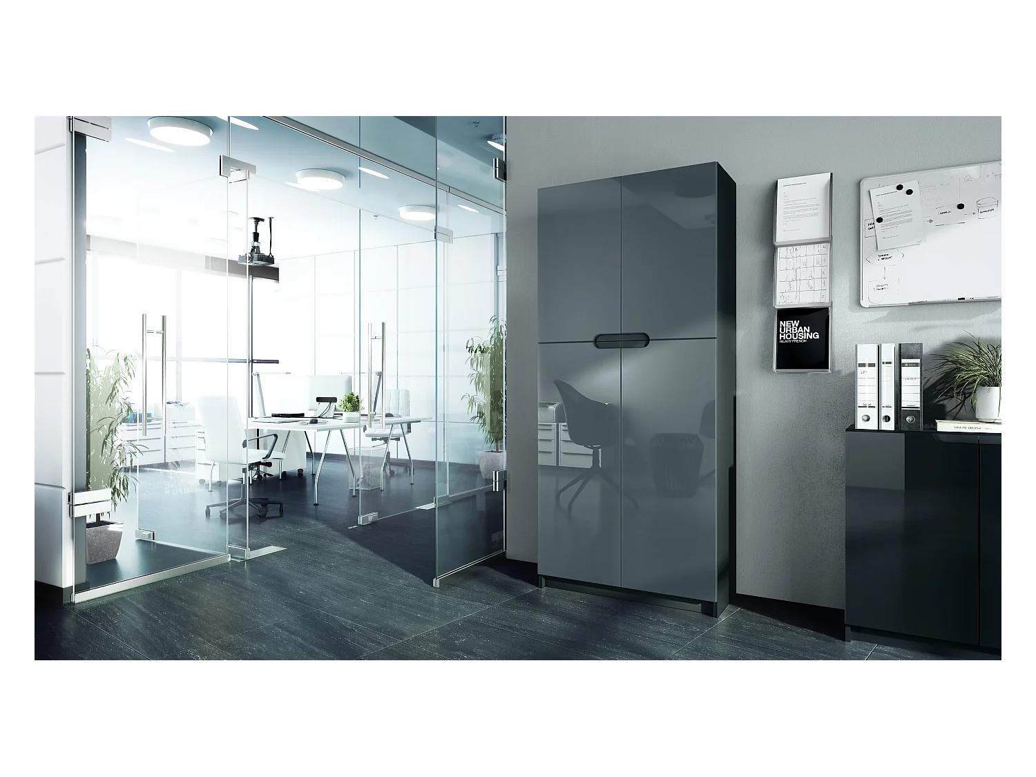 Meuble rangement bureau Logan V1, Armoire de bureau haute avec 5 compartiments et 4 portes, noir mat/gris haute brillance (82 x 185 x 37 cm)