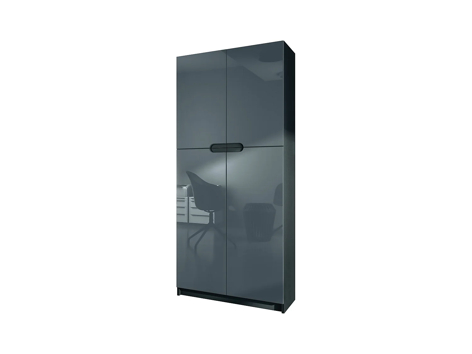 Meuble rangement bureau Logan V1, Armoire de bureau haute avec 5 compartiments et 4 portes, noir mat/gris haute brillance (82 x 185 x 37 cm)