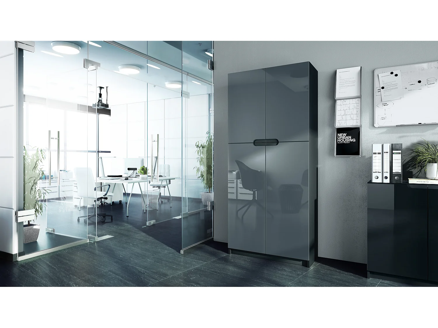 BÜROSCHRANK Logan Fronten in Grau Hochglanz