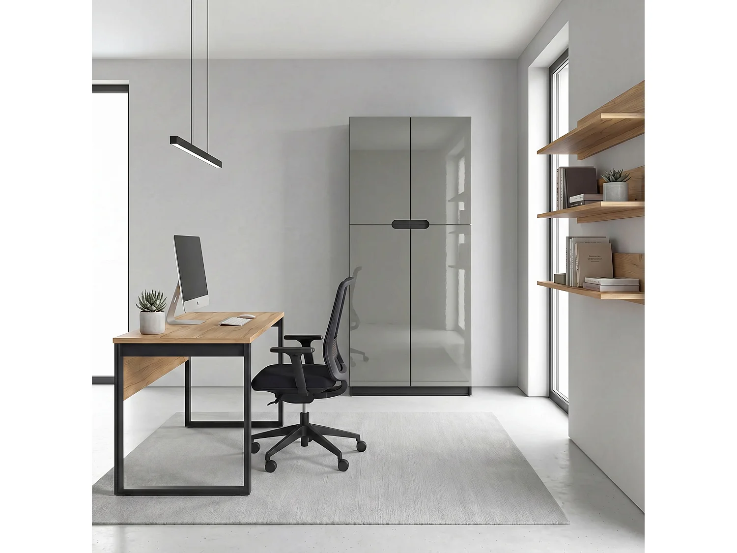 Armario Oficina Logan V1, Mueble Archivador con 5 Compartimentos y 4 Puertas, negro mate/gris de alto brillo (82 x 185 x 37 cm)