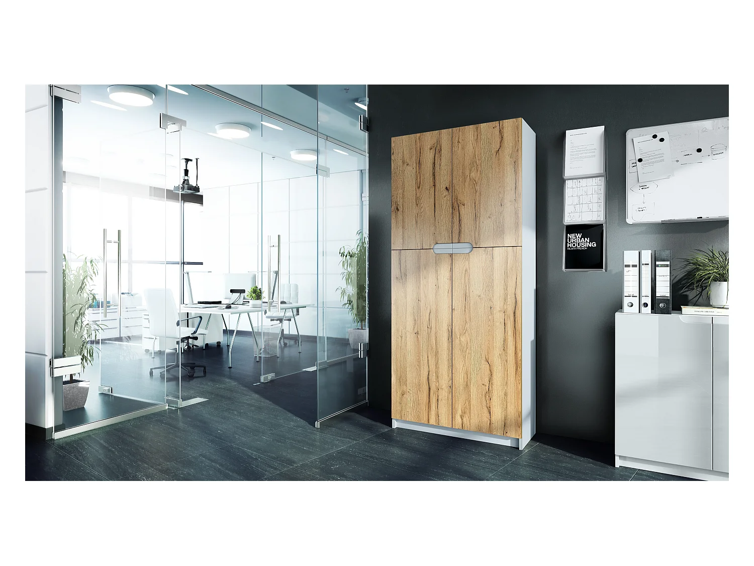 Meuble rangement bureau Logan V1, Armoire de bureau haute avec 5 compartiments et 4 portes, blanc mat/chêne nature (82 x 185 x 37 cm)