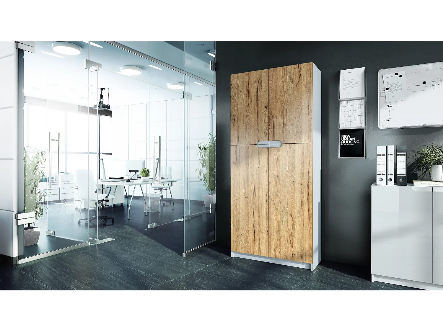 Logan V1, mobile per ufficio, schedario con 5 scomparti e 4 ante, bianco opaco/rovere naturale (82 x 185 x 37 cm)