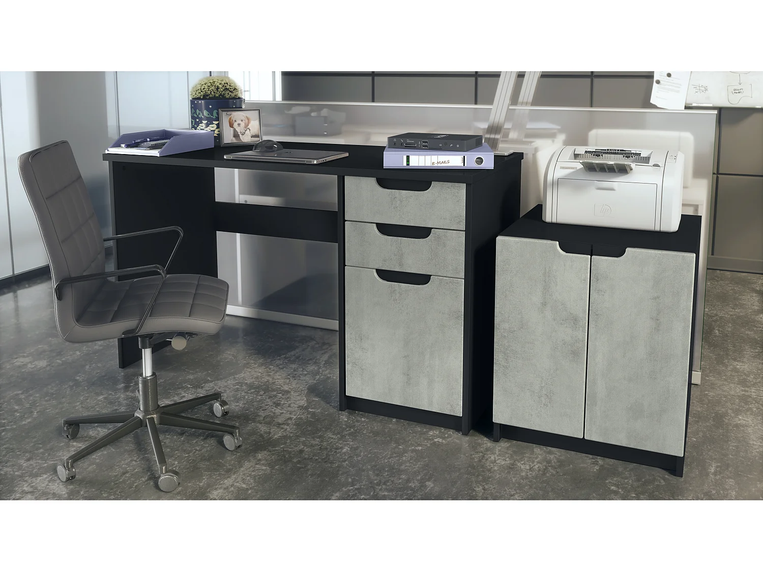 Mobilier de bureau ensemble bureau à domicile Paris, fabriqué en Allemagne avec meuble pour imprimante et bureau, noir mat / aspect béton oxyde