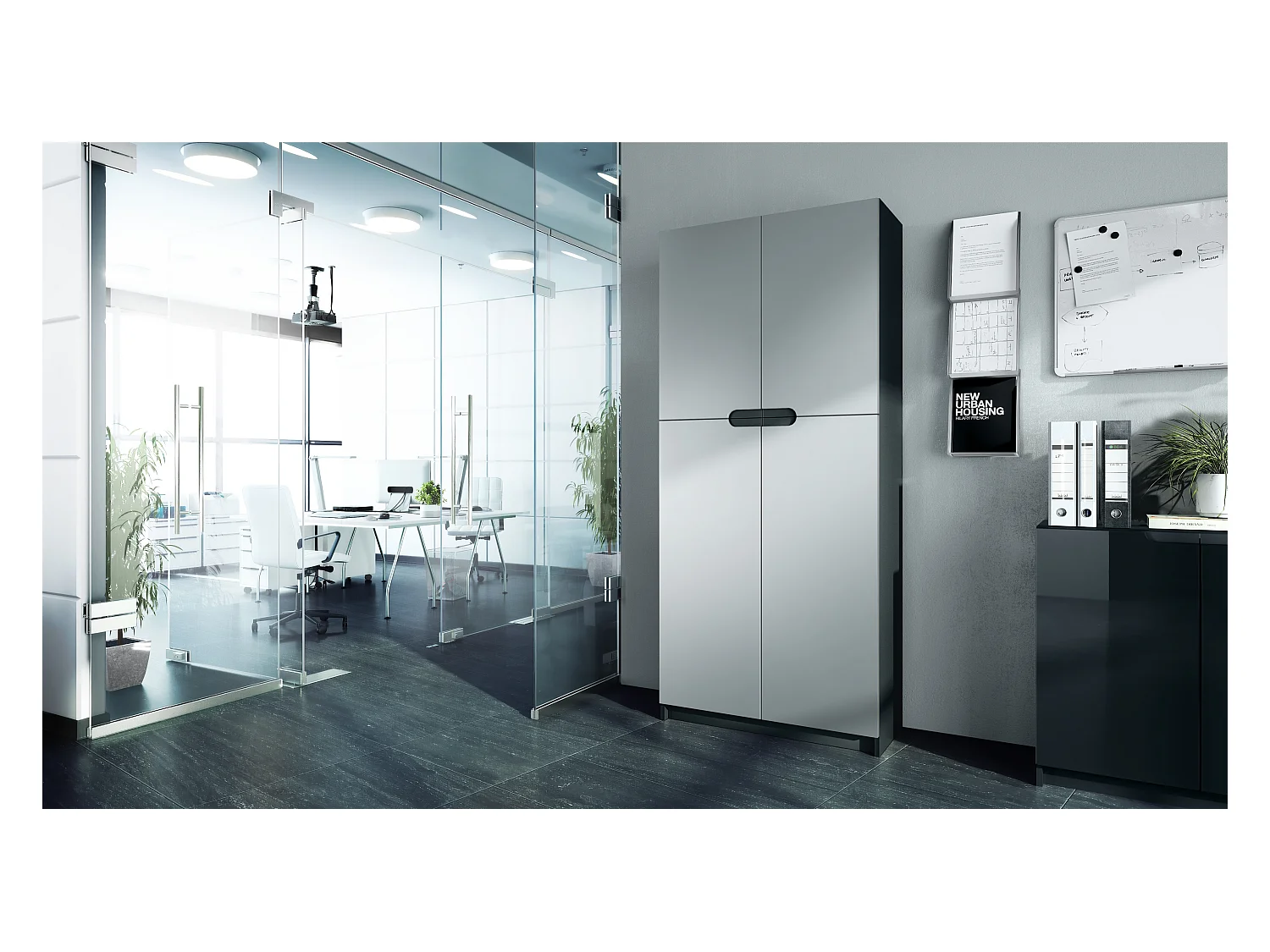 Meuble rangement bureau Logan V1, Armoire de bureau haute avec 5 compartiments et 4 portes, noir mat/gris clair satiné mat (82 x 185 x 37 cm)