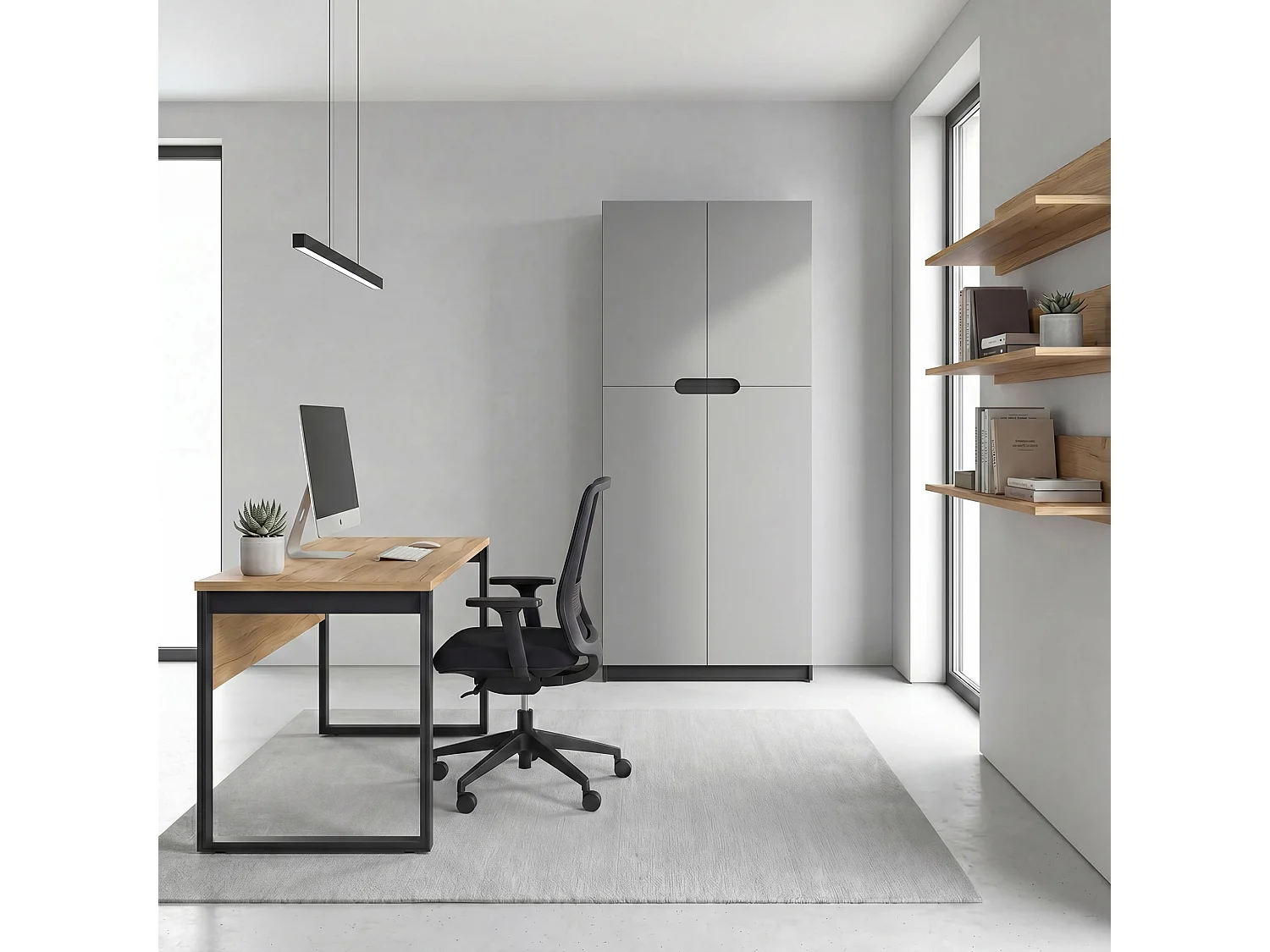 Armario Oficina Logan V1, Mueble Archivador con 5 Compartimentos y 4 Puertas, negro mate/gris claro satinado (82 x 185 x 37 cm)