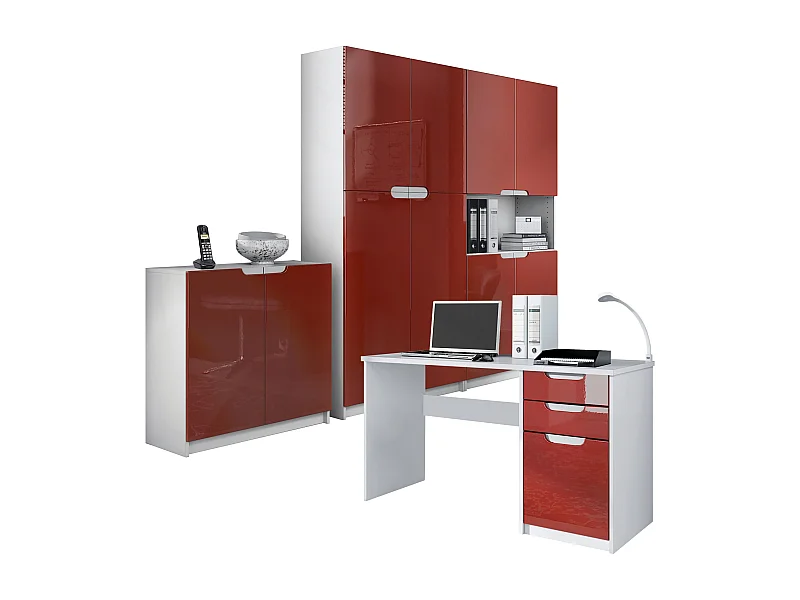 Conjunto de muebles de oficina Logan, cuerpo en blanco mate / frentes en burdeos de alto brillo
