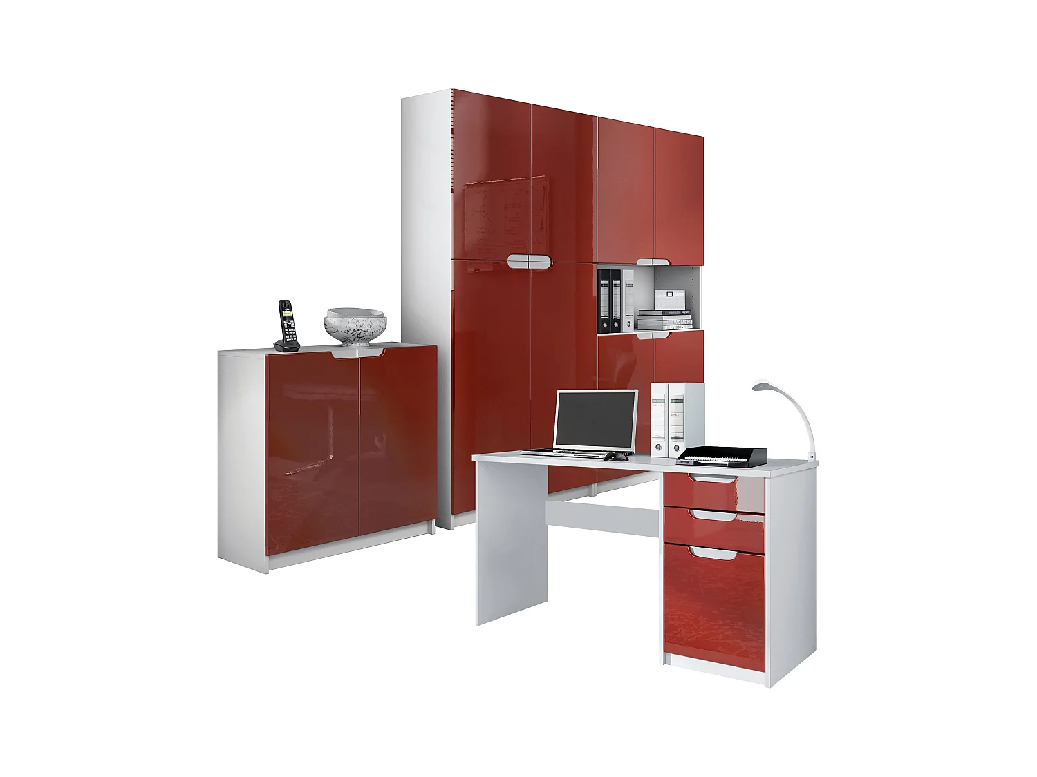 Ensemble de meubles de bureau Armoire Commode Rangement Logan, Corps en blanc mat / Façades en bordeaux haute brillance
