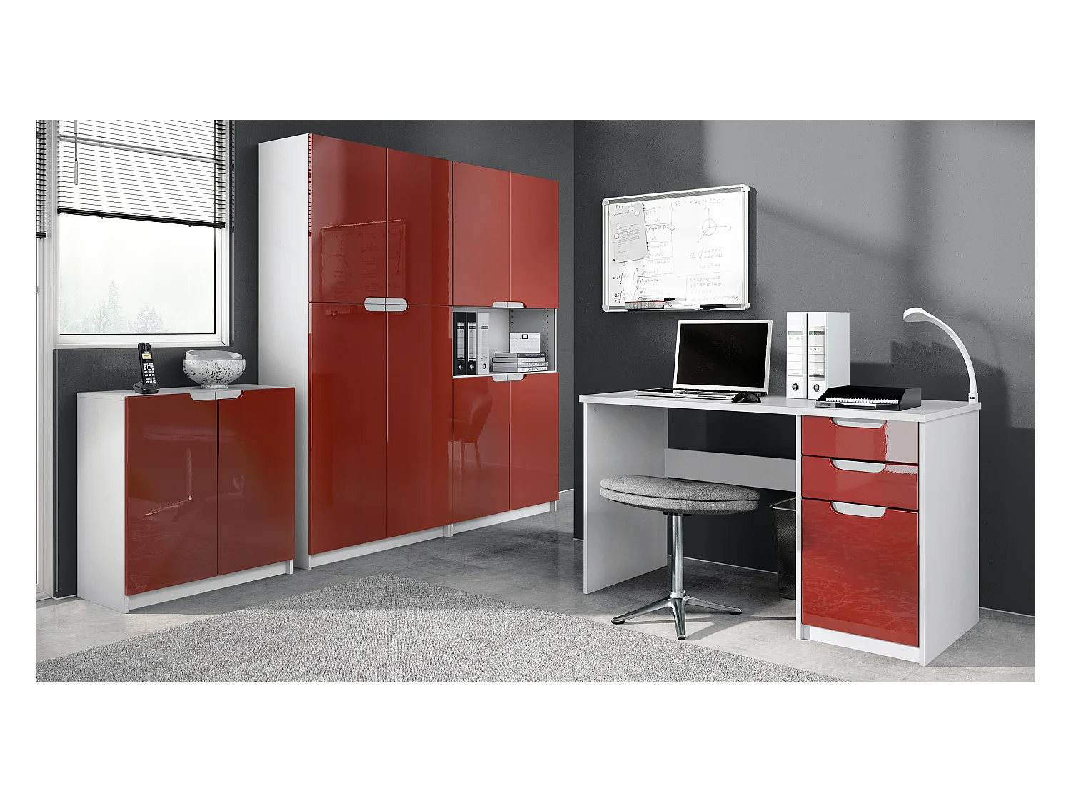Ensemble de meubles de bureau Armoire Commode Rangement Logan, Corps en blanc mat / Façades en bordeaux haute brillance