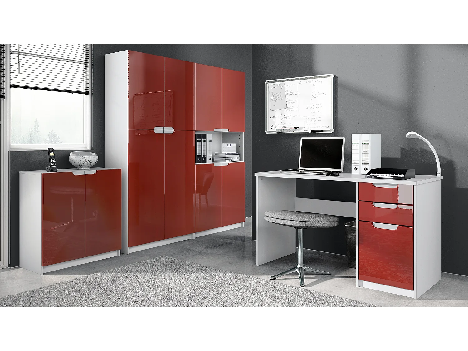 Set di mobili per ufficio Armadio e scrivania Logan, struttura in bianco opaco / frontali in bordeaux lucido