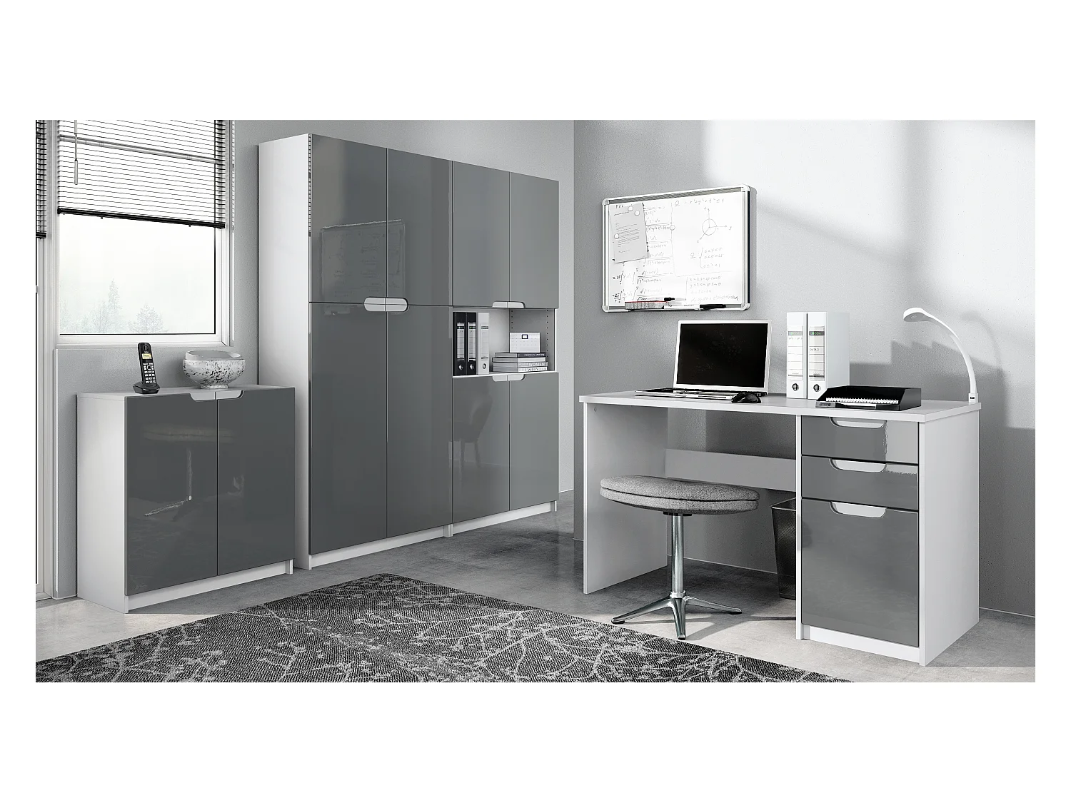 Ensemble de meubles de bureau Armoire Commode Rangement Logan, Corps en blanc mat / Façades en gris haute brillance