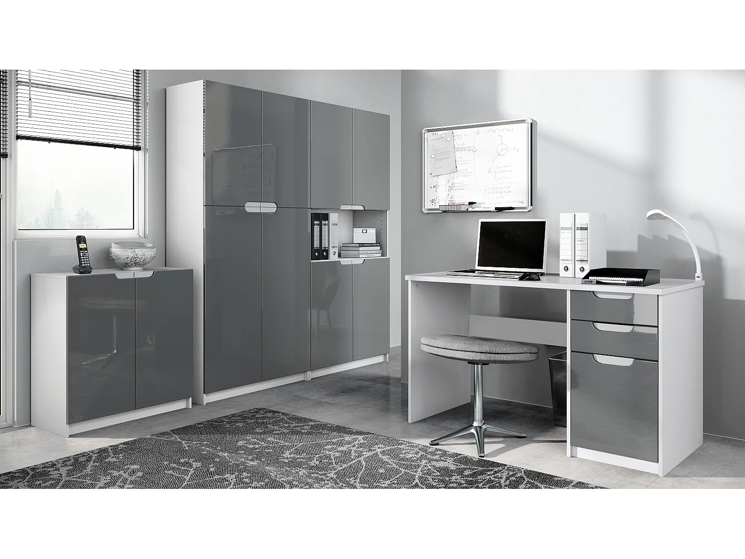 Set di mobili per ufficio Armadio e scrivania Logan, struttura in bianco opaco / frontali in grigio lucido