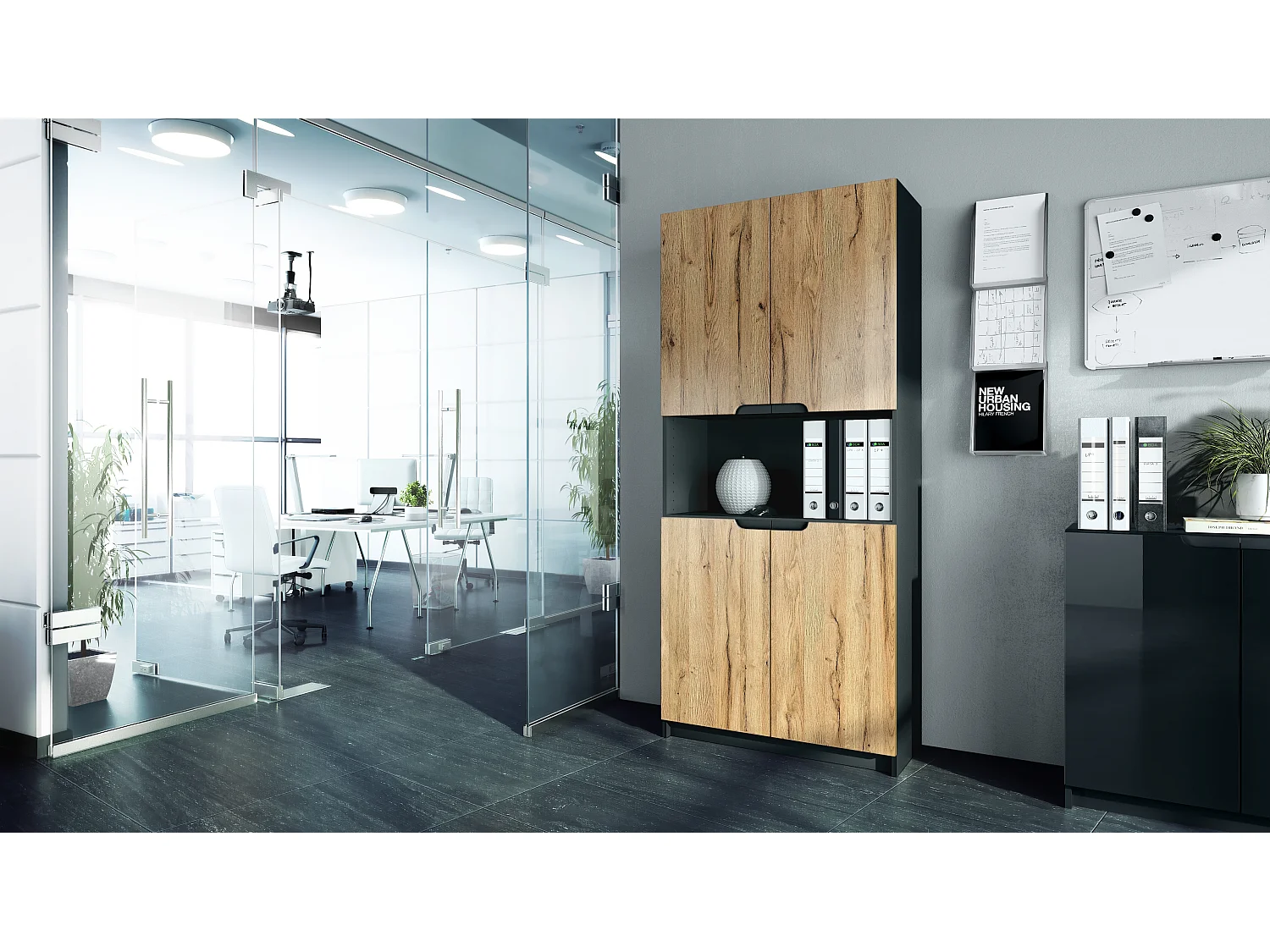 Étagère de bureau Logan V2, Armoire de rangement avec 5 compartiments et 4 portes, noir mat/chêne nature (82 x 184 x 37 cm)