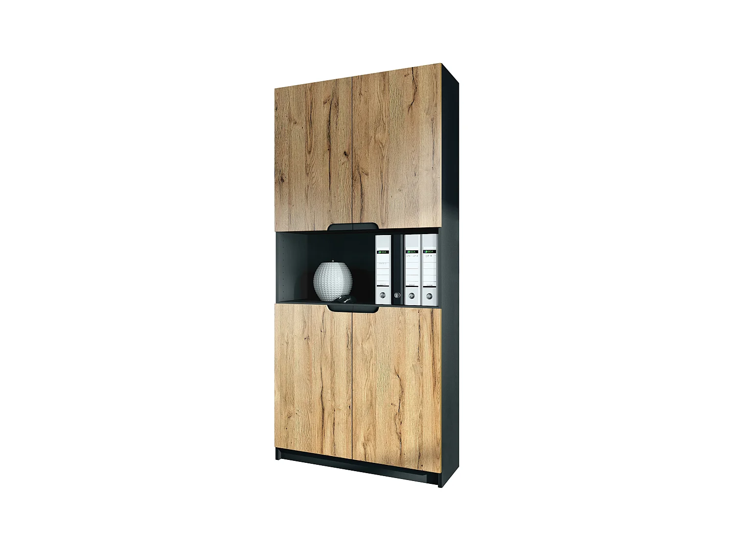 Étagère de bureau Logan V2, Armoire de rangement avec 5 compartiments et 4 portes, noir mat/chêne nature (82 x 184 x 37 cm)