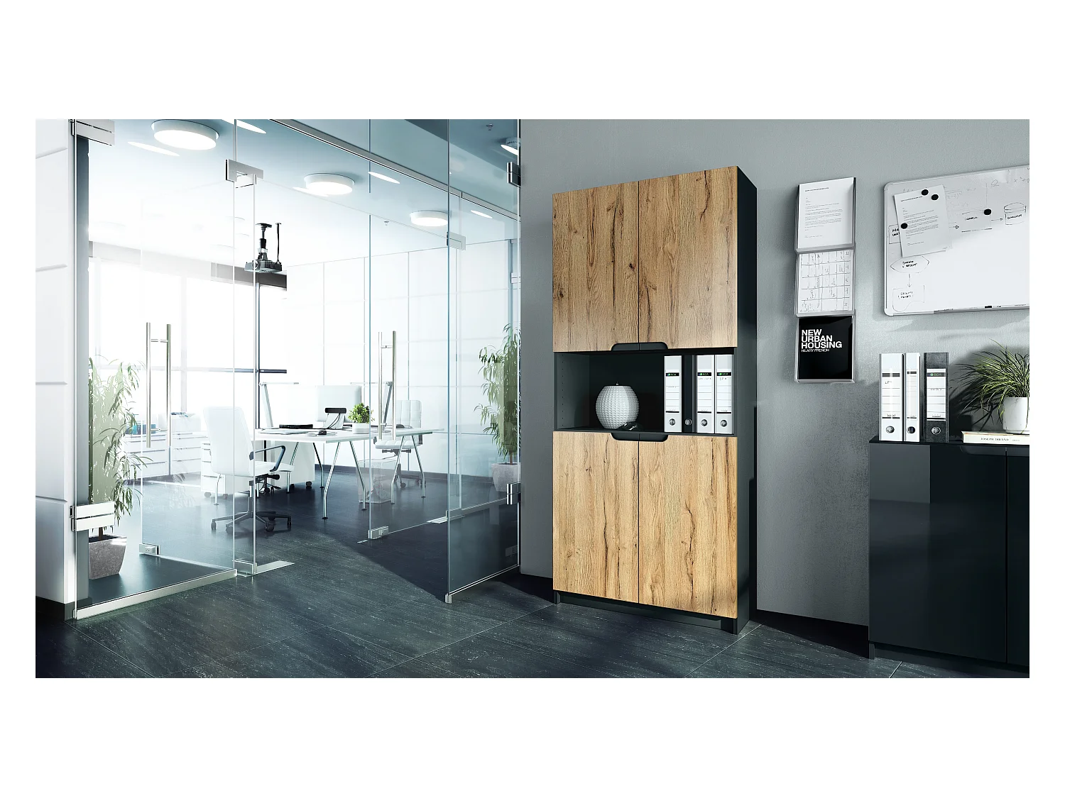 Étagère de bureau Logan V2, Armoire de rangement avec 5 compartiments et 4 portes, noir mat/chêne nature (82 x 184 x 37 cm)