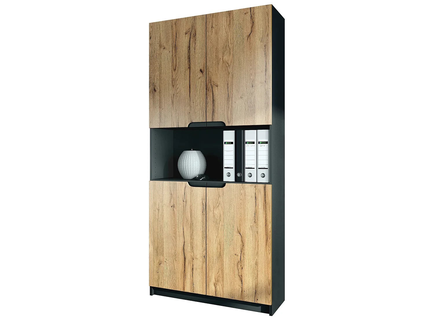 Étagère de bureau Logan V2, Armoire de rangement avec 5 compartiments et 4 portes, noir mat/chêne nature (82 x 184 x 37 cm)