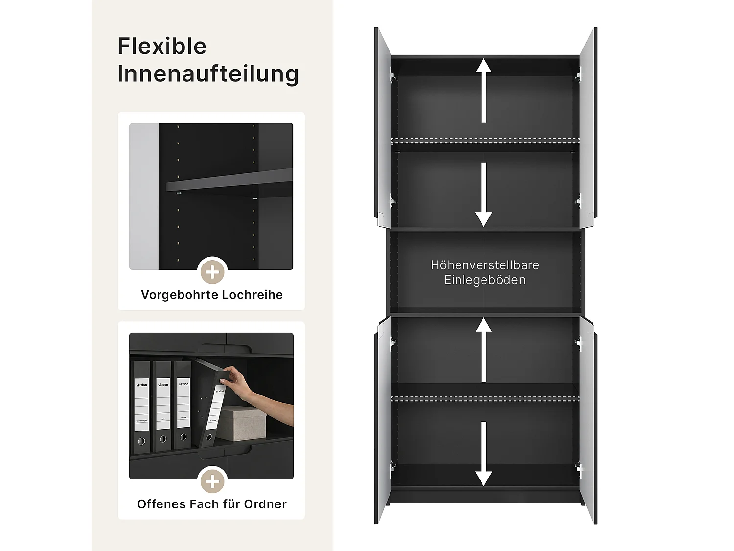 Étagère de bureau Logan V2, Armoire de rangement avec 5 compartiments et 4 portes, noir mat/chêne nature (82 x 184 x 37 cm)