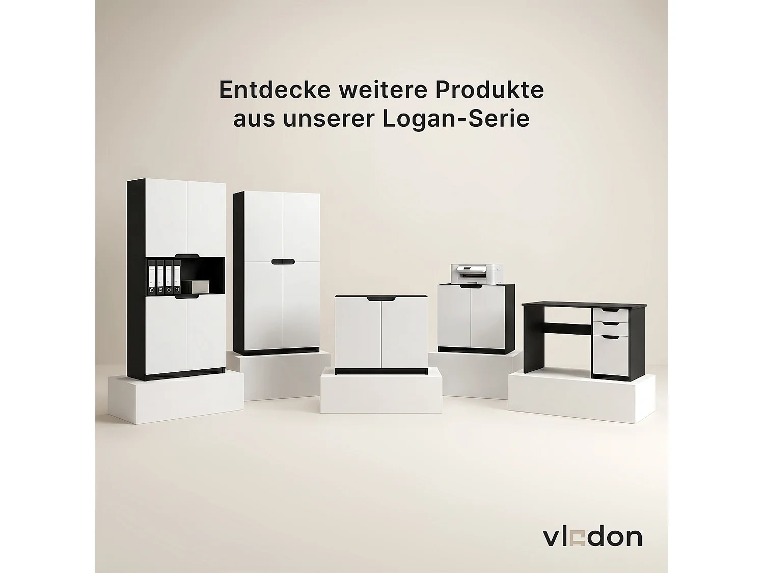 Étagère de bureau Logan V2, Armoire de rangement avec 5 compartiments et 4 portes, noir mat/chêne nature (82 x 184 x 37 cm)