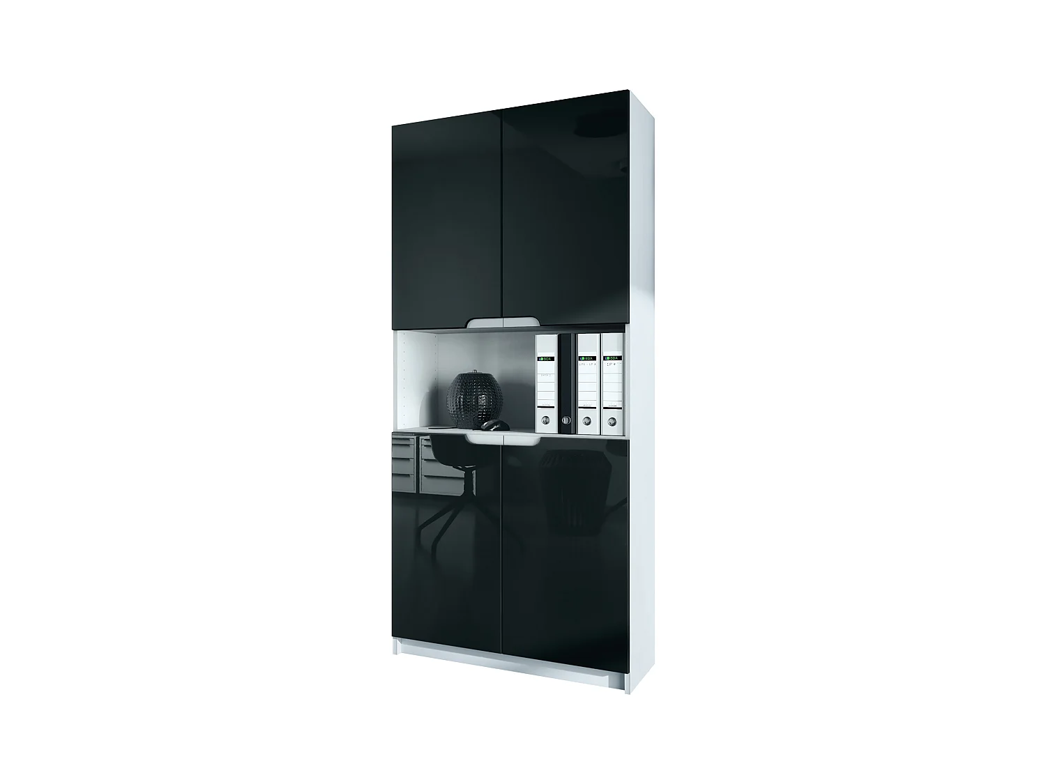 Étagère de bureau Logan V2, Armoire de rangement avec 5 compartiments et 4 portes, blanc mat/noir haute brillance (82 x 184 x 37 cm)