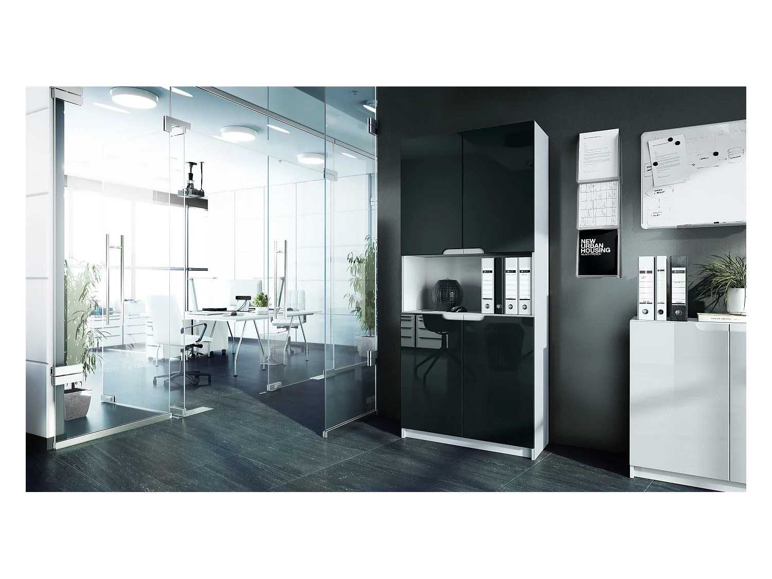 Étagère de bureau Logan V2, Armoire de rangement avec 5 compartiments et 4 portes, blanc mat/noir haute brillance (82 x 184 x 37 cm)