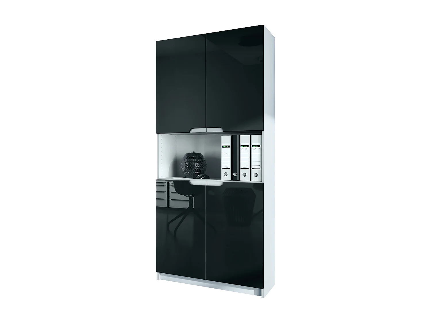 Étagère de bureau Logan V2, Armoire de rangement avec 5 compartiments et 4 portes, blanc mat/noir haute brillance (82 x 184 x 37 cm)