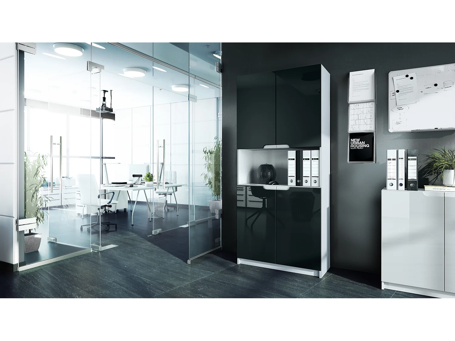 Étagère de bureau Logan V2, Armoire de rangement avec 5 compartiments et 4 portes, blanc mat/noir haute brillance (82 x 184 x 37 cm)