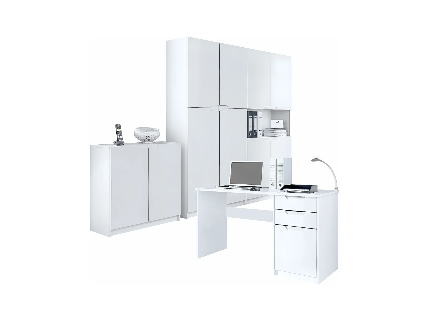 Ensemble de meubles de bureau Armoire Commode Rangement Logan, Corps en blanc mat / Façades en blanc mat