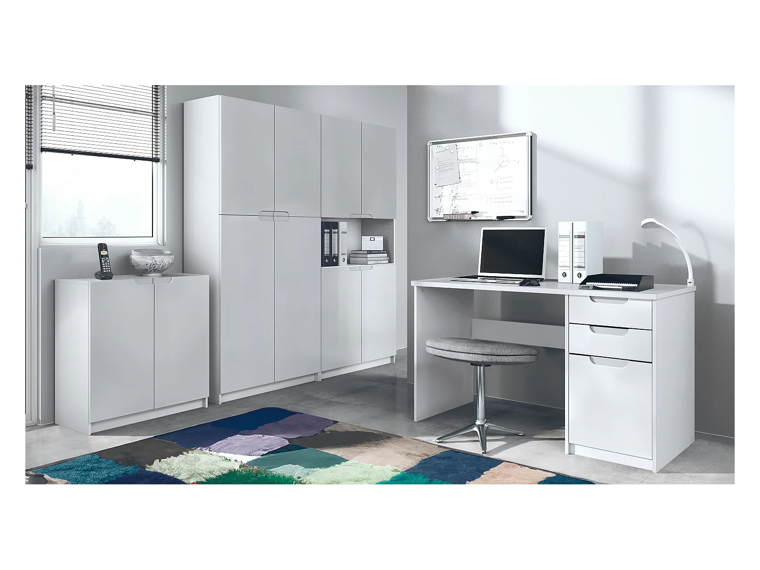 Ensemble de meubles de bureau Armoire Commode Rangement Logan, Corps en blanc mat / Façades en blanc mat