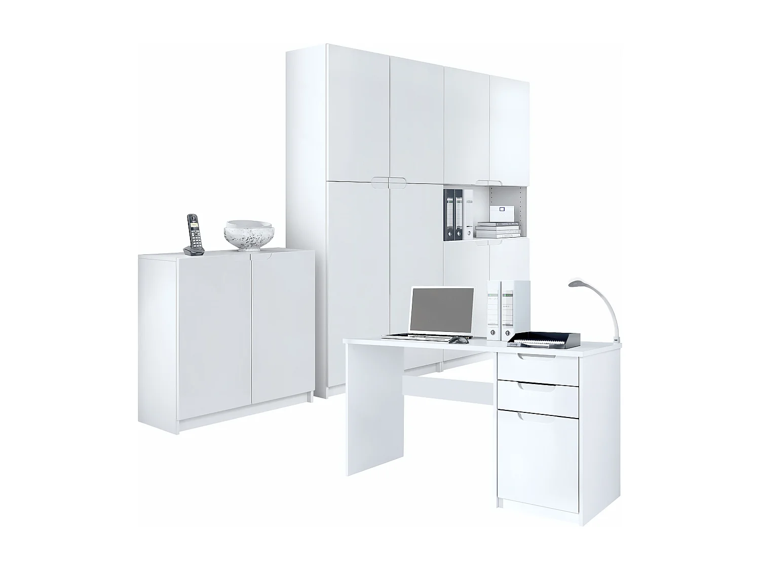 Ensemble de meubles de bureau Armoire Commode Rangement Logan, Corps en blanc mat / Façades en blanc mat