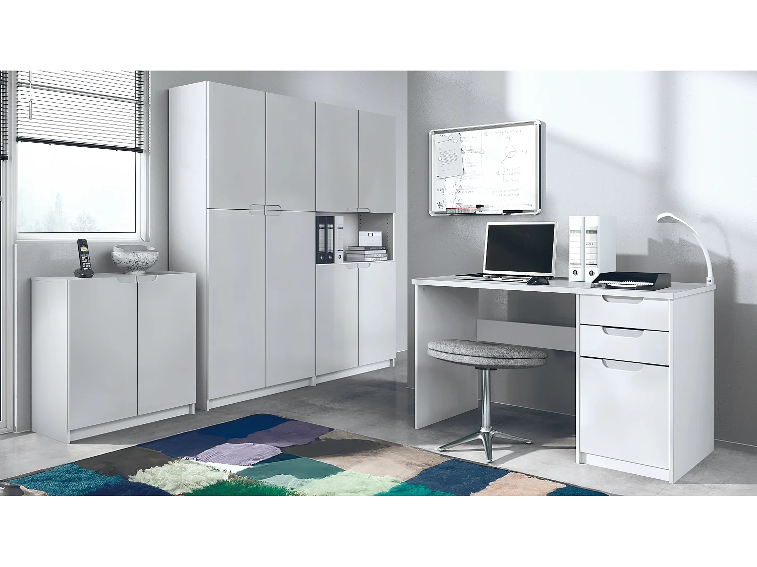 Ensemble de meubles de bureau Armoire Commode Rangement Logan, Corps en blanc mat / Façades en blanc mat
