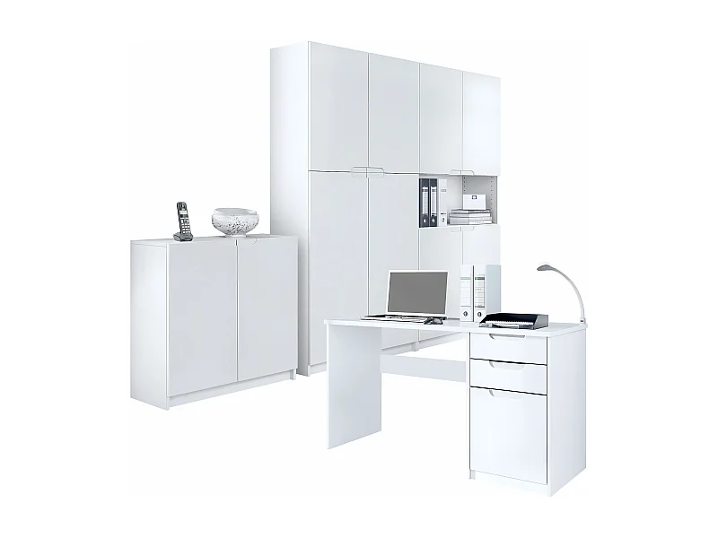 Ensemble de meubles de bureau Armoire Commode Rangement Logan, Corps en blanc mat / Façades en blanc mat