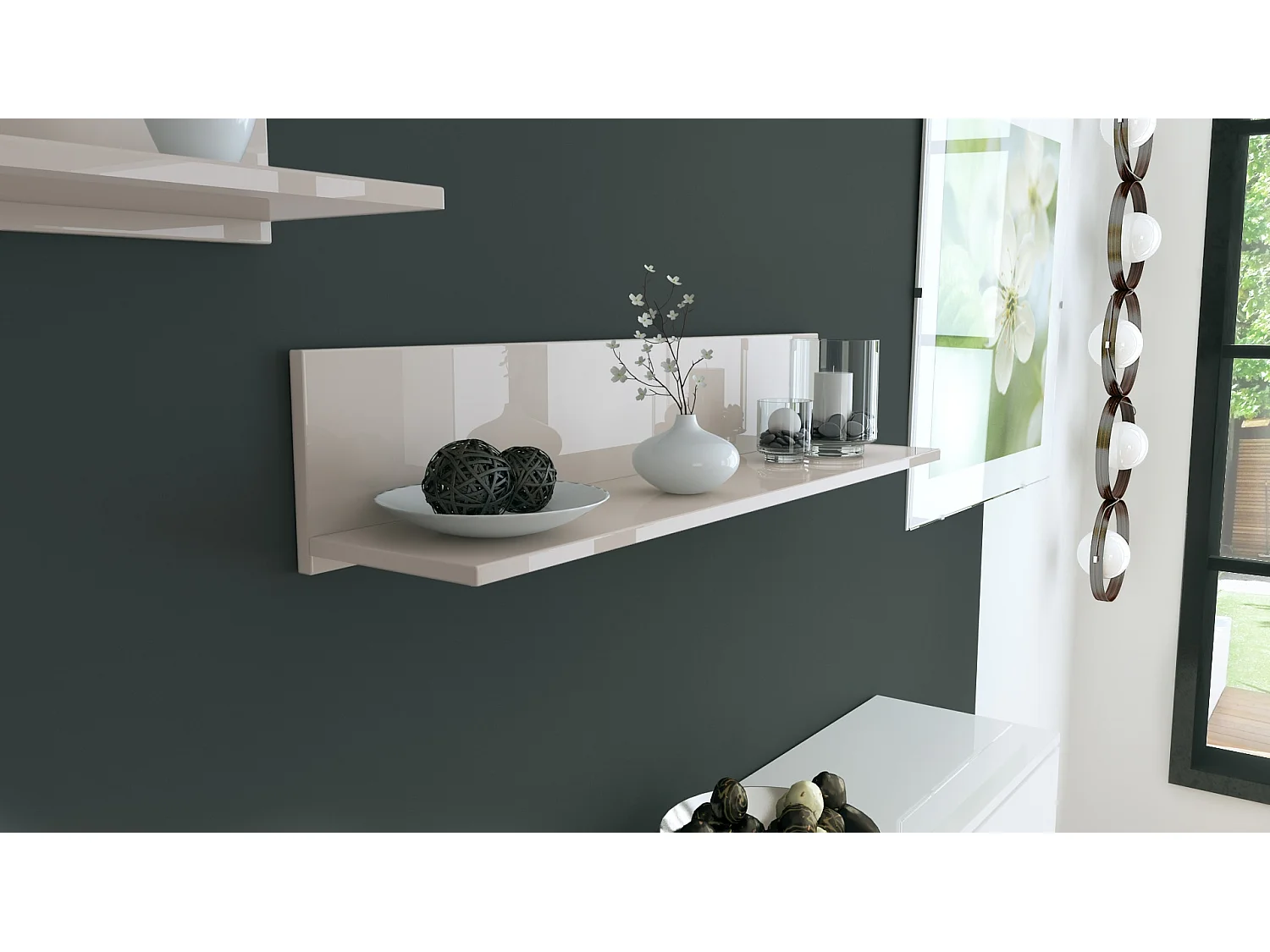 Étagère murale Skadu, Tablette murale avec surface de rangement, gris sable haute brillance (97,5 x 18,5 x 18,5 cm)