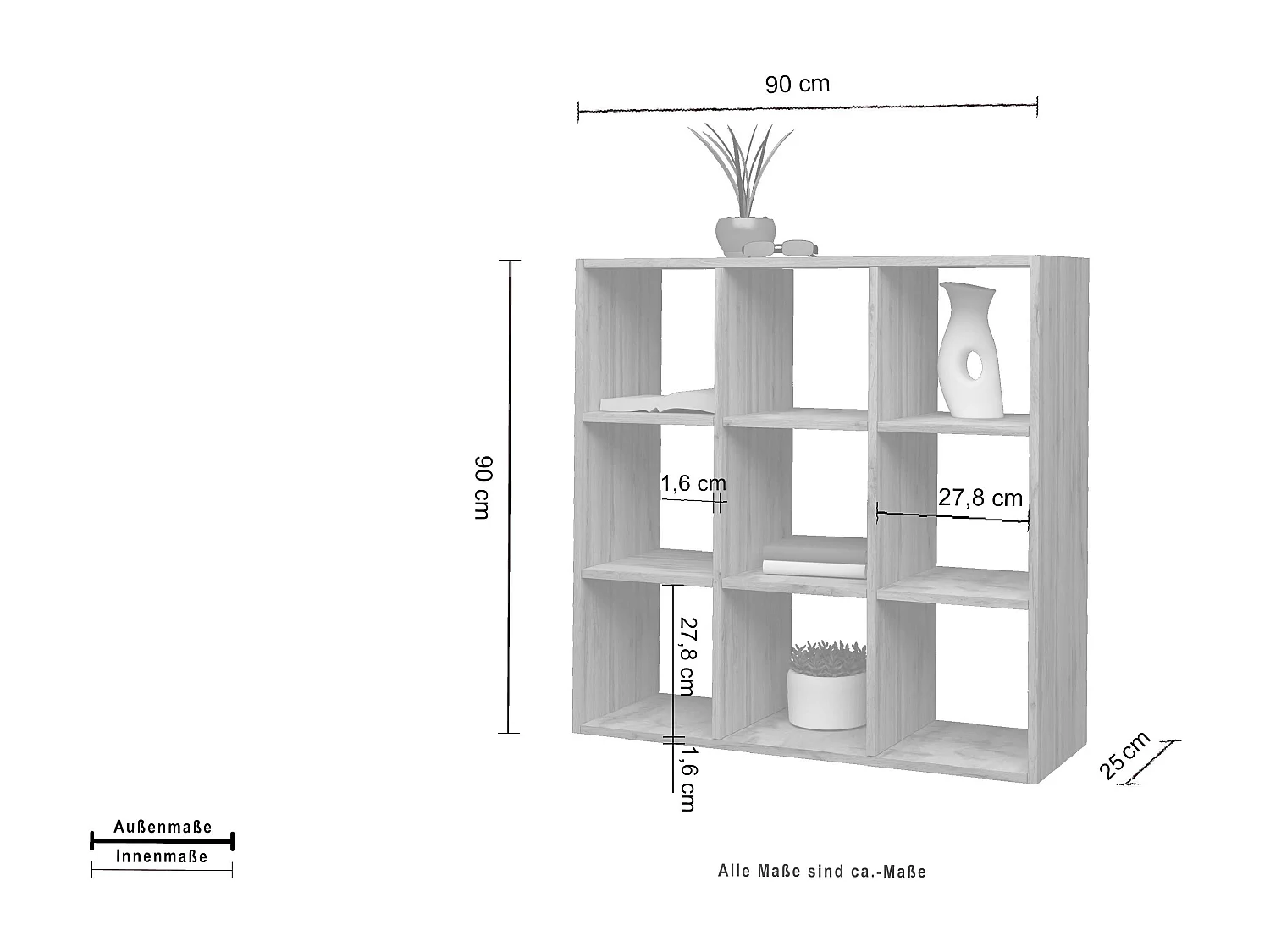 Bibliothèque murale moderne à 9 étagères en bois, 90 x 90 x 25 cm, Roderik L
