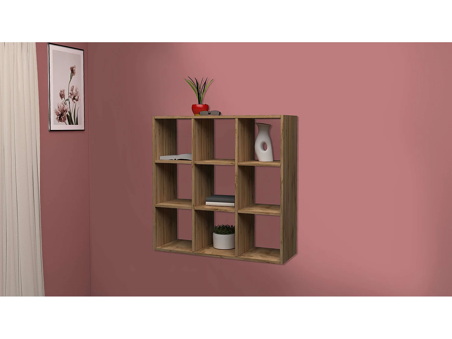 Bibliothèque murale moderne à 9 étagères en bois, 90 x 90 x 25 cm, Roderik L