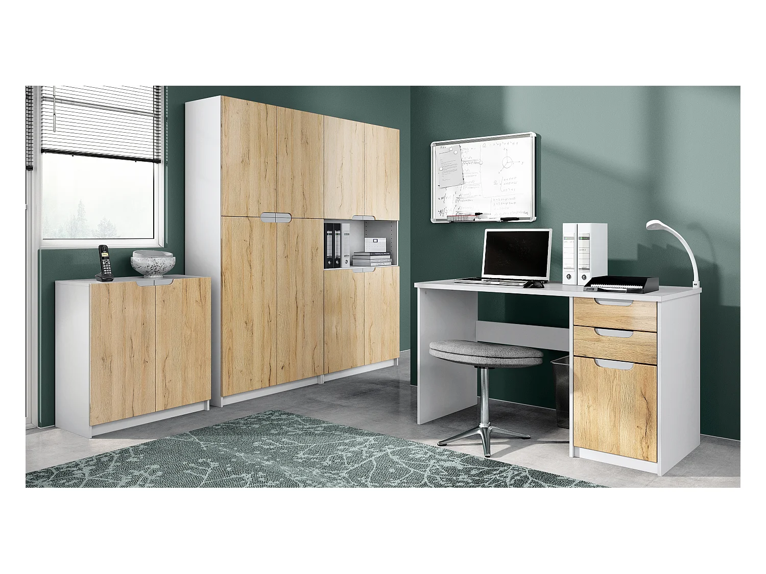 Ensemble de meubles de bureau Armoire Commode Rangement Logan, Corps en blanc mat / Façades en chêne nature