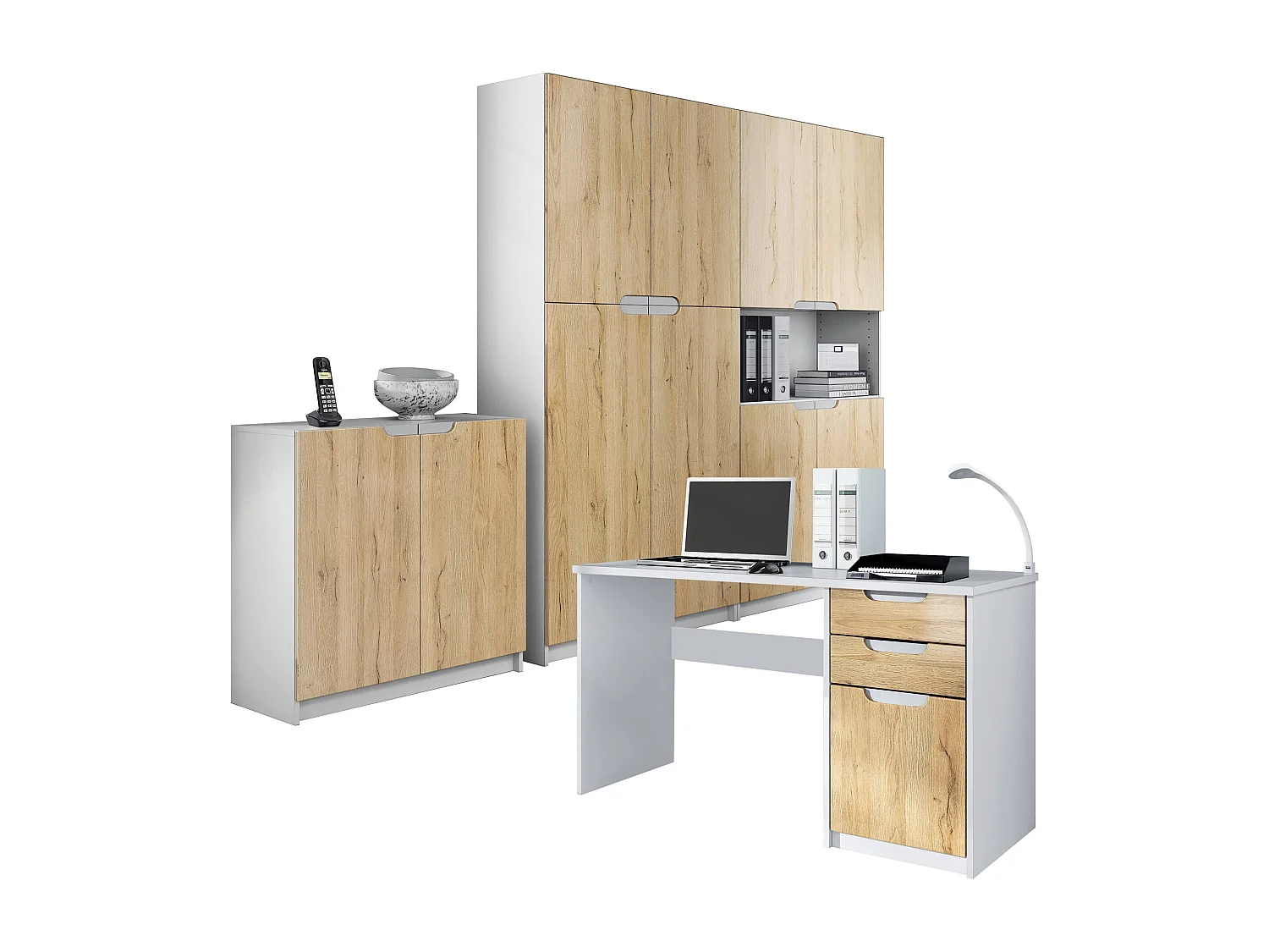 Set di mobili per ufficio Armadio e scrivania Logan, struttura in bianco opaco / frontali in rovere naturale