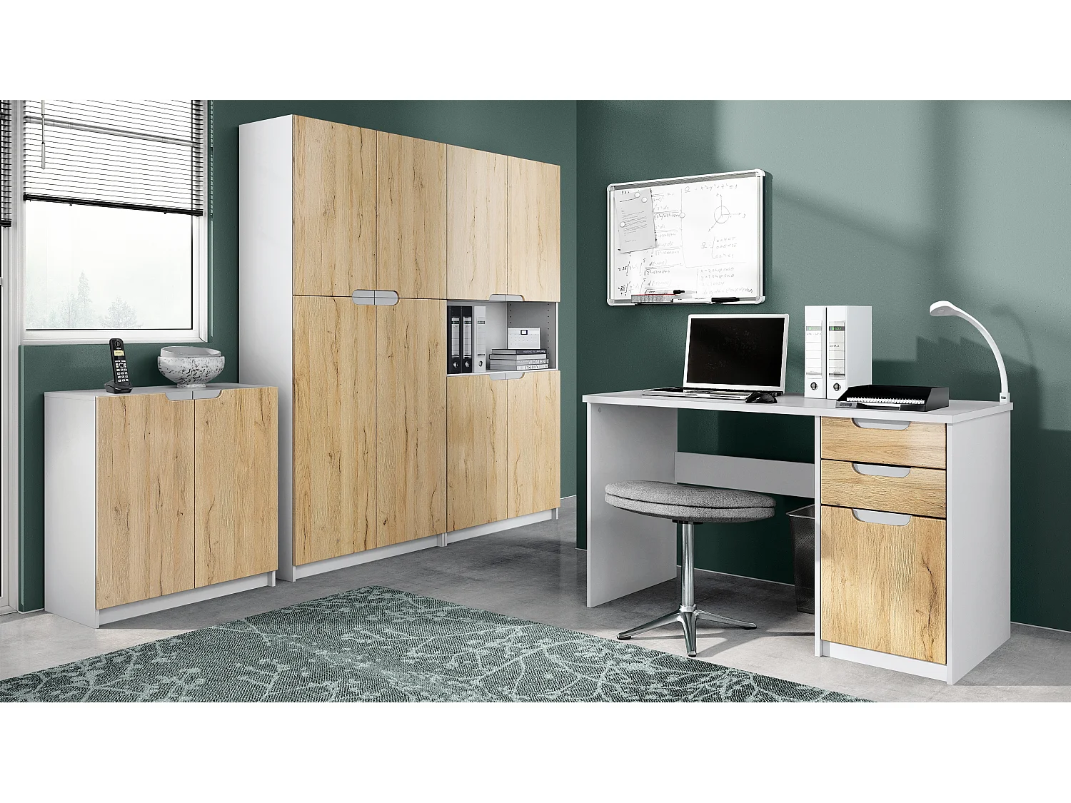 Set di mobili per ufficio Armadio e scrivania Logan, struttura in bianco opaco / frontali in rovere naturale