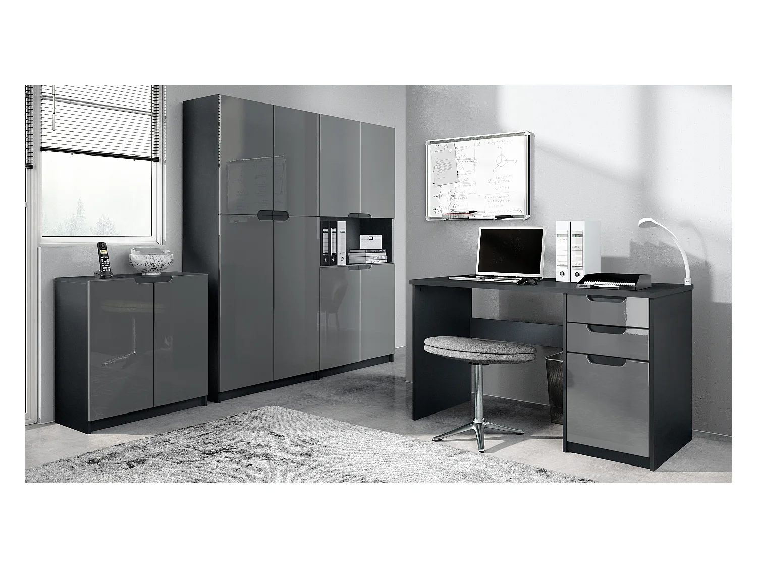 Ensemble de meubles de bureau Armoire Commode Rangement Logan, Corps en noir mat / Façades en gris haute brillance