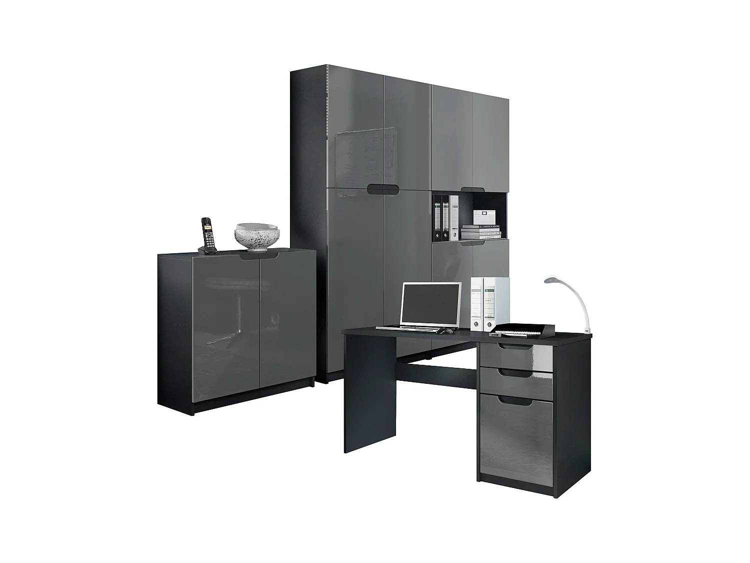 Ensemble de meubles de bureau Armoire Commode Rangement Logan, Corps en noir mat / Façades en gris haute brillance