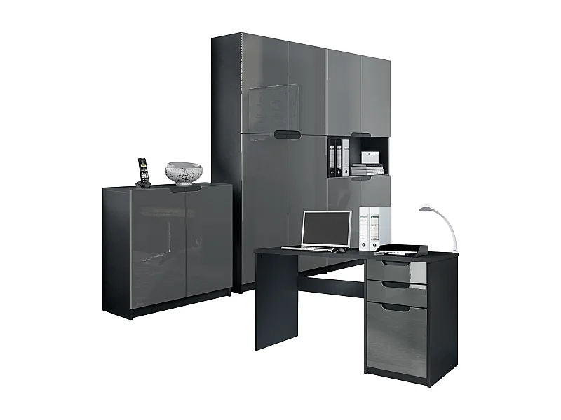 Set di mobili per ufficio Armadio e scrivania Logan, struttura in nero opaco / frontali in grigio lucido