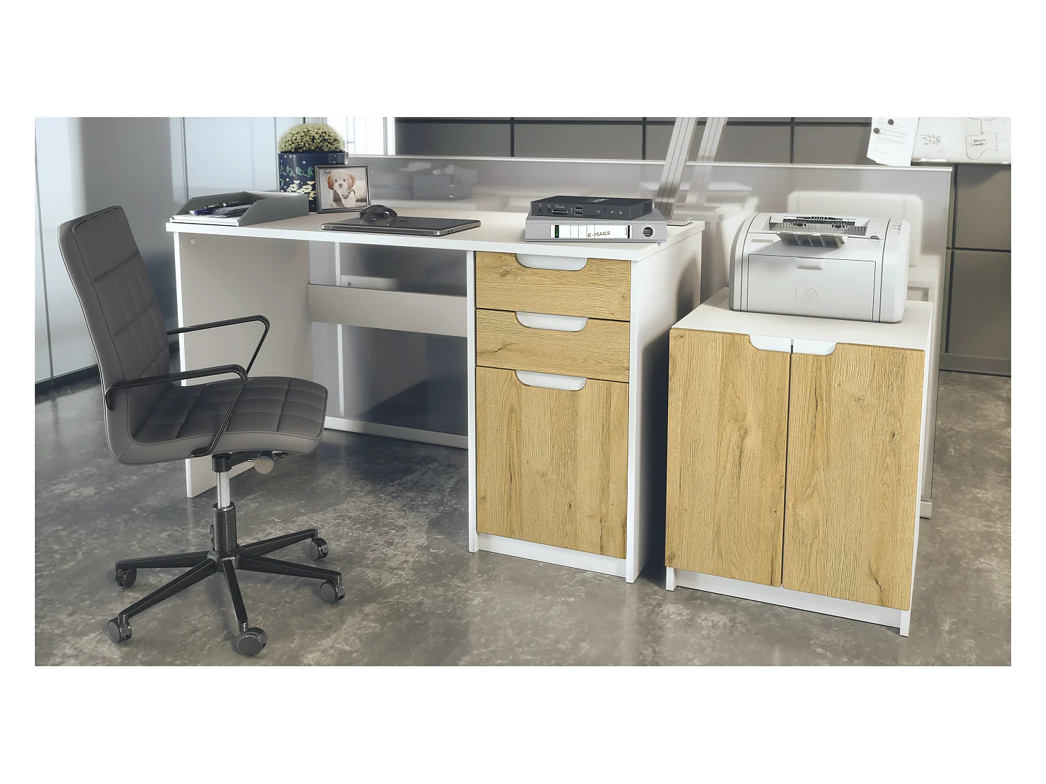 Mobilier de bureau ensemble bureau à domicile Paris, fabriqué en Allemagne avec meuble pour imprimante et bureau, blanc mat / chêne nature