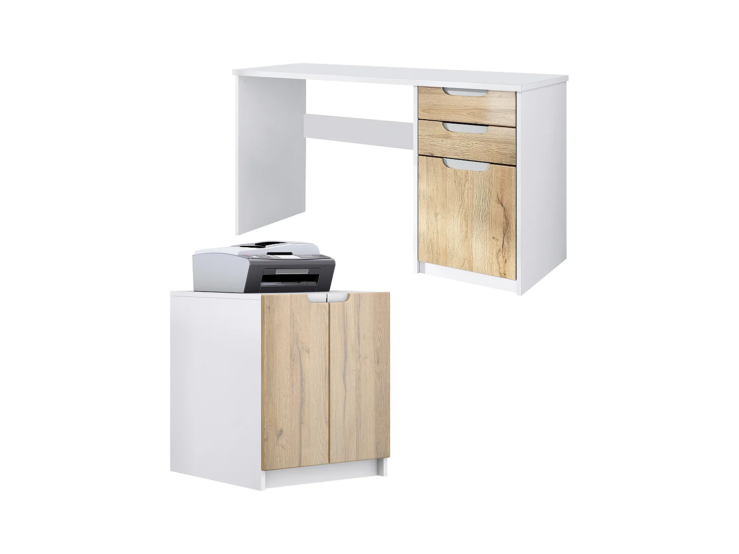 Mobilier de bureau ensemble bureau à domicile Paris, fabriqué en Allemagne avec meuble pour imprimante et bureau, blanc mat / chêne nature