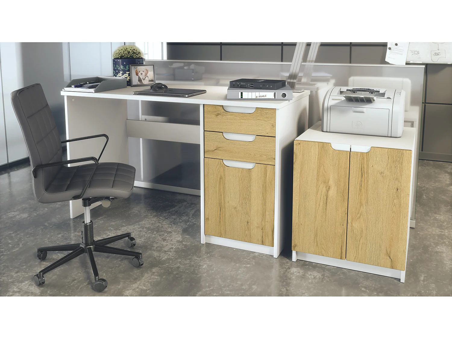 Mobilier de bureau ensemble bureau à domicile Paris, fabriqué en Allemagne avec meuble pour imprimante et bureau, blanc mat / chêne nature