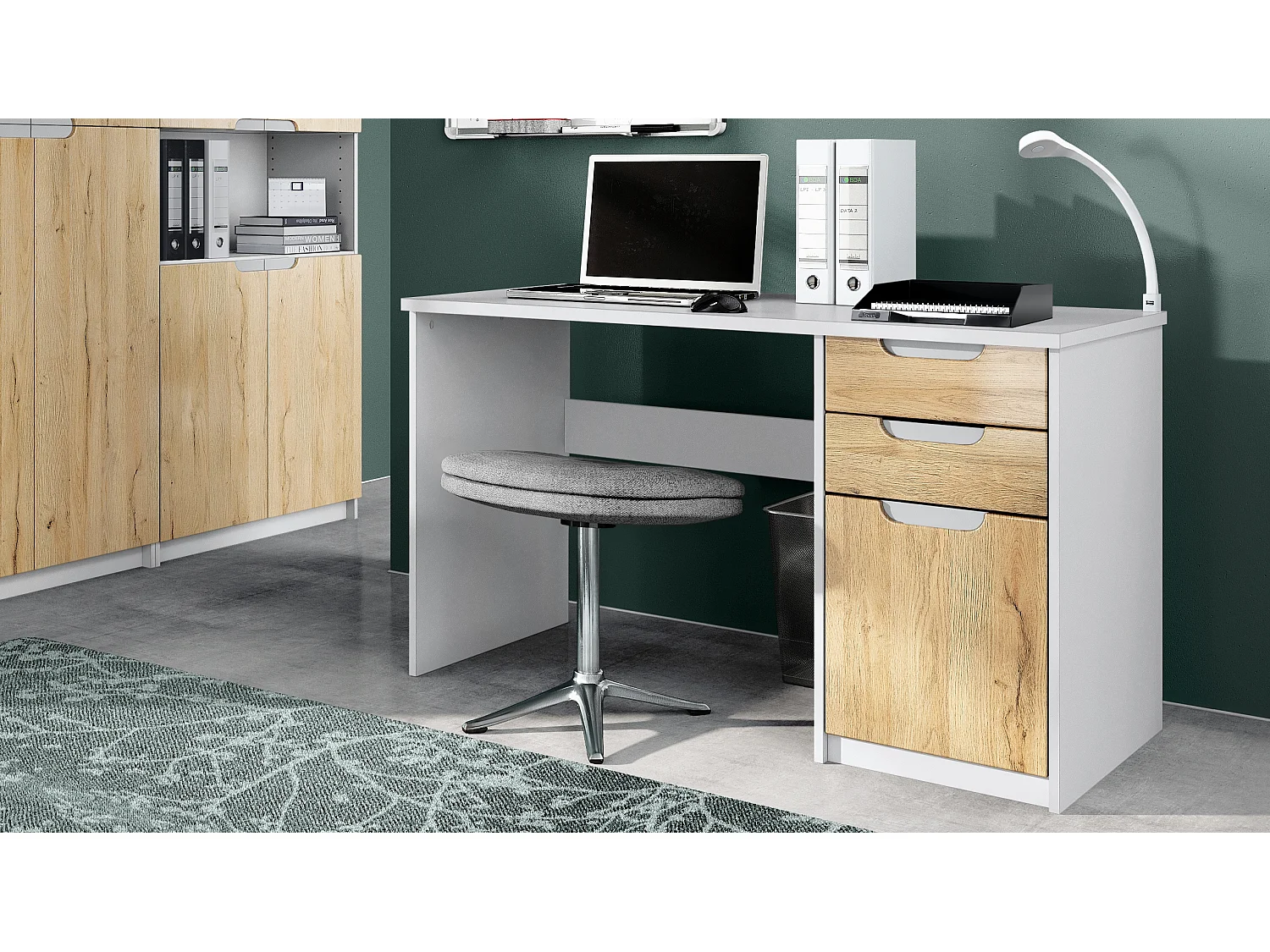 Mobilier de bureau ensemble bureau à domicile Paris, fabriqué en Allemagne avec meuble pour imprimante et bureau, blanc mat / chêne nature