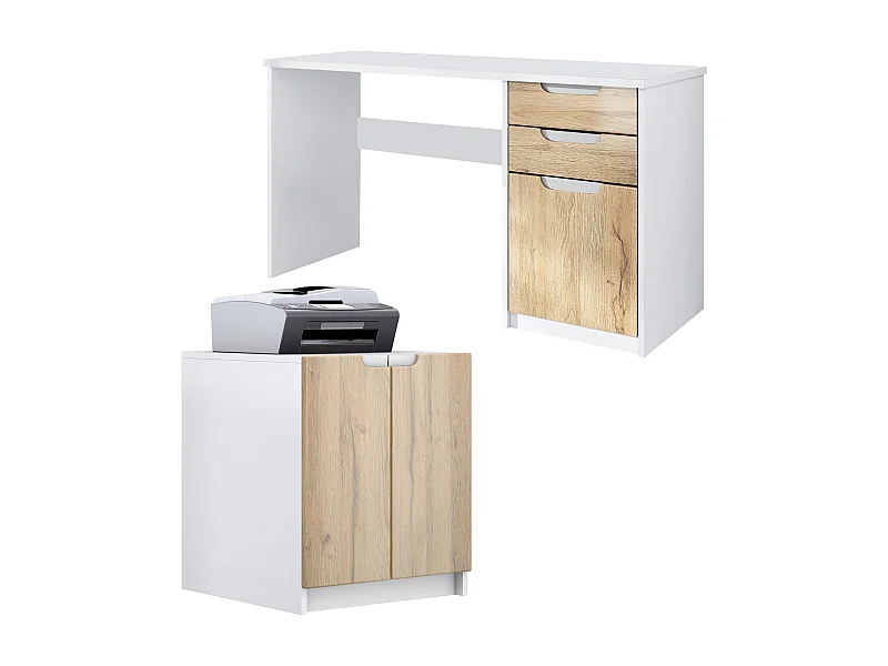 Mobiliario de oficina set home office París, fabricado en Alemania con mueble para impresora y escritorio, blanco mate / roble natural