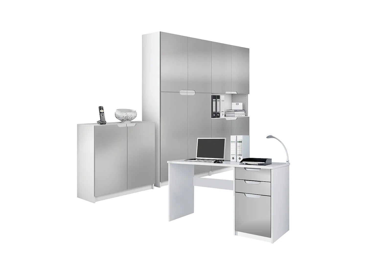 Ensemble de meubles de bureau Armoire Commode Rangement Logan, Corps en blanc mat / Façades en gris clair satiné mat