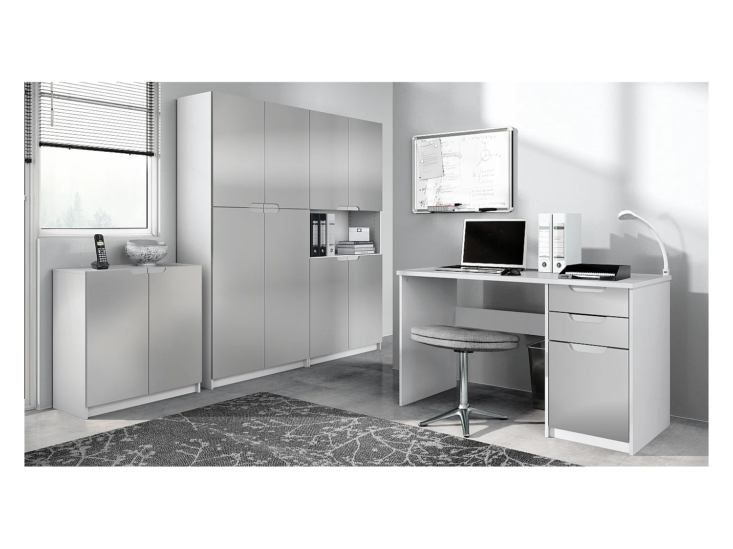 Ensemble de meubles de bureau Armoire Commode Rangement Logan, Corps en blanc mat / Façades en gris clair satiné mat