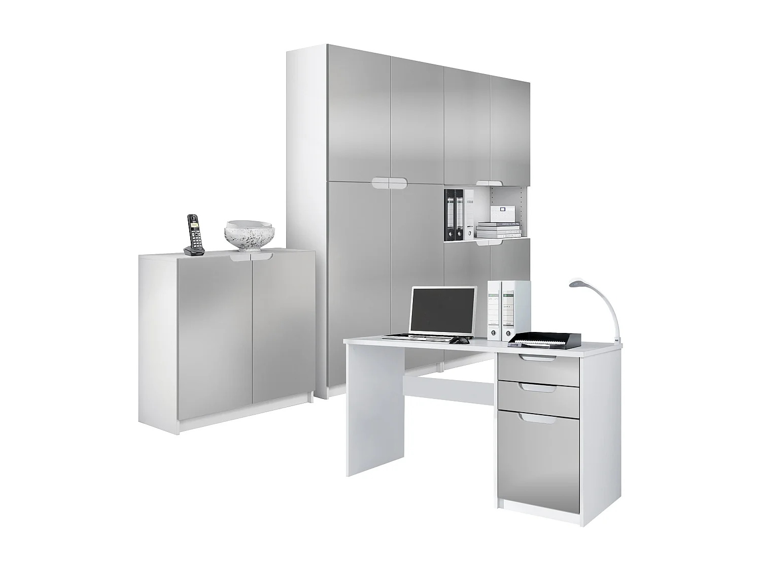 Set di mobili per ufficio Armadio e scrivania Logan, struttura in bianco opaco / frontali in grigio chiaro semilucido