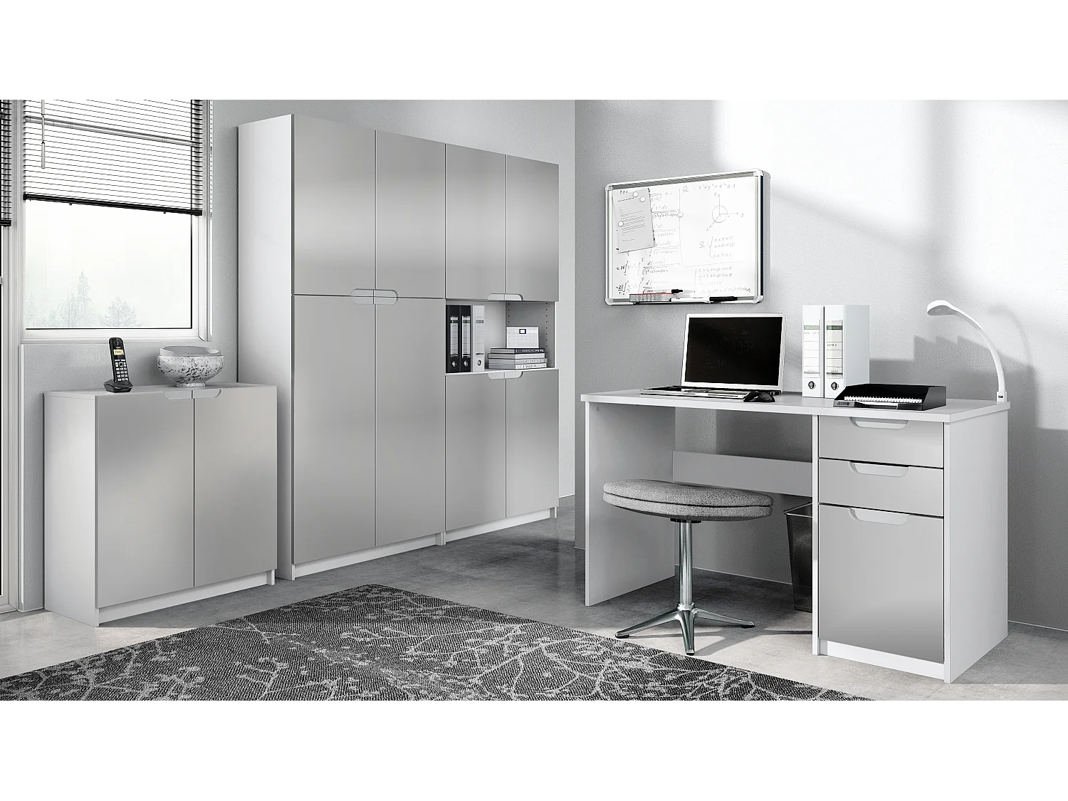 Set di mobili per ufficio Armadio e scrivania Logan, struttura in bianco opaco / frontali in grigio chiaro semilucido